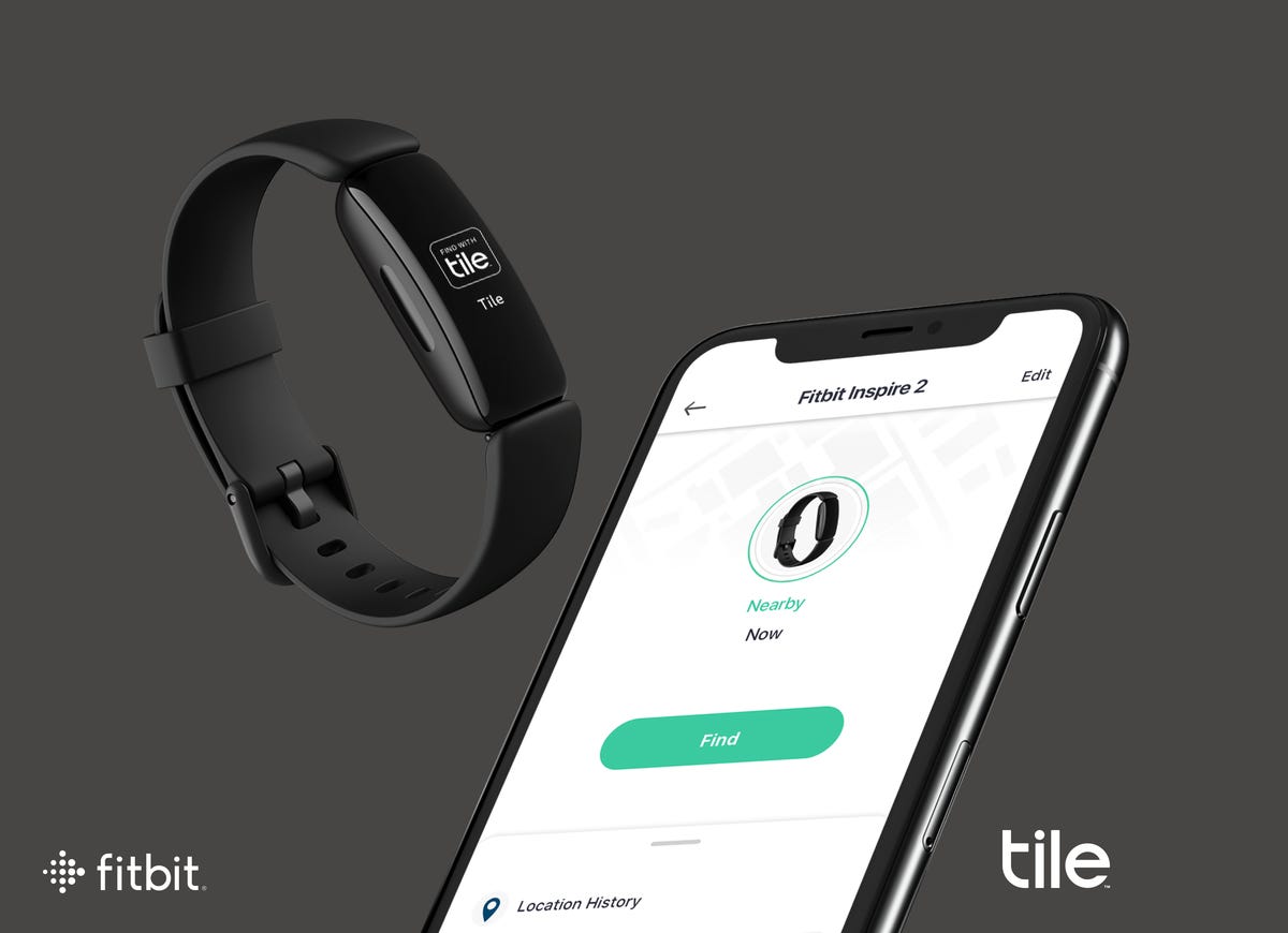 Fitbit with Tile and a phone showing a Find screen