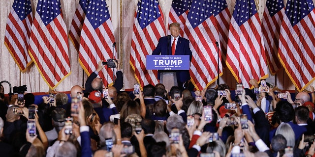 Former President Trump at his Mar-a-Lago Club in Palm Beach, Fla., Nov. 15, 2022, formally announcing he is entering the 2024 presidential race.