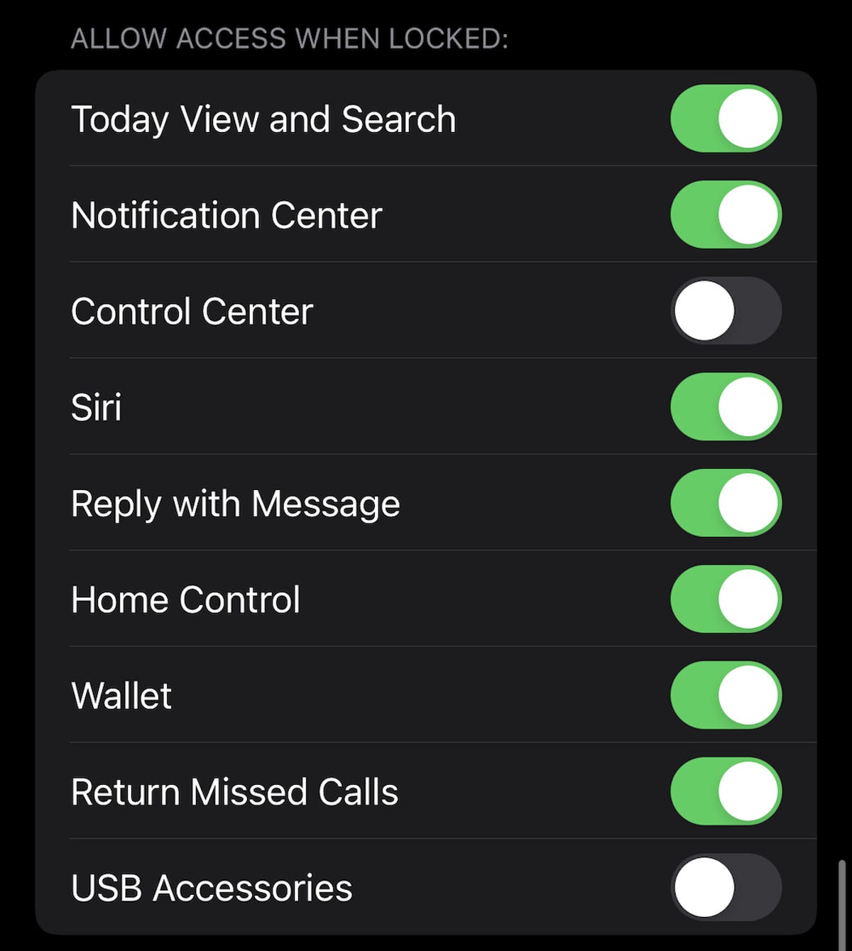 Allow Access When Locked settings with most of them enabled