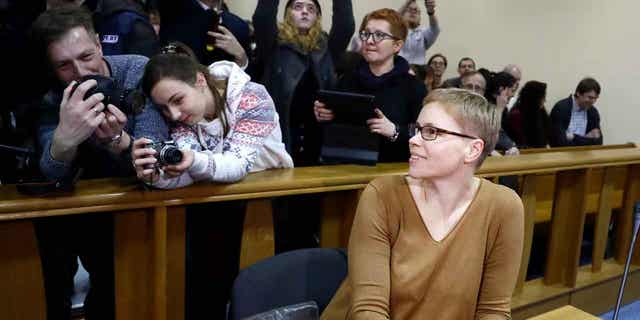 Marina Zolatava, editor-in-chief of the top Belarusian independent news site in the country, sits in a courtroom before a session in Minsk, Belarus, on Feb. 12, 2019. Five journalists from Belarus' top independent news outlet went on trial in the country's capital on Jan. 9, 2023.