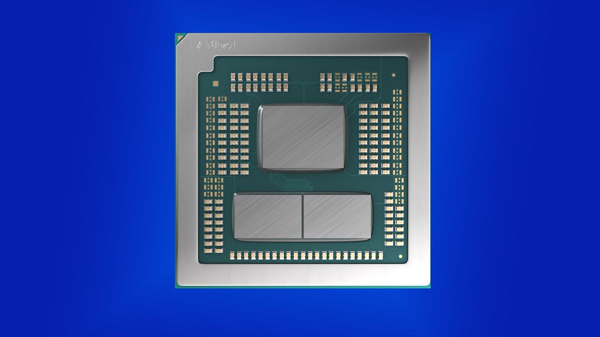 A rendering of a Ryzen 9 HX-class module against a blue background