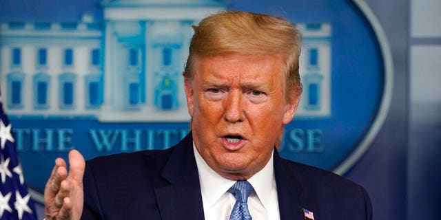 President Trump speaks during a press briefing with the coronavirus task force in the Brady press briefing room at the White House March 16, 2020, in Washington.