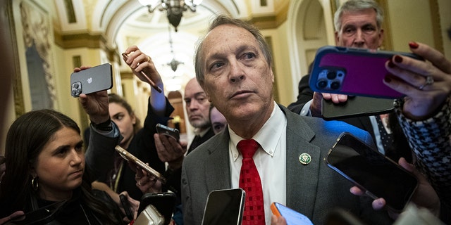 Representative Andy Biggs, a Republican from Arizona, speaks with members of the media in the House Chamber at the US Capitol in Washington, D.C. Wednesday, Jan. 4, 2023. 