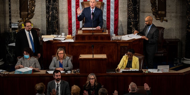 Speaker of the House Kevin McCarthy, R-Calif., swears in the officers of the House of Representatives in the House Chamber of the U.S. Capitol Building on Saturday, Jan. 7, 2023 in Washington, DC. 