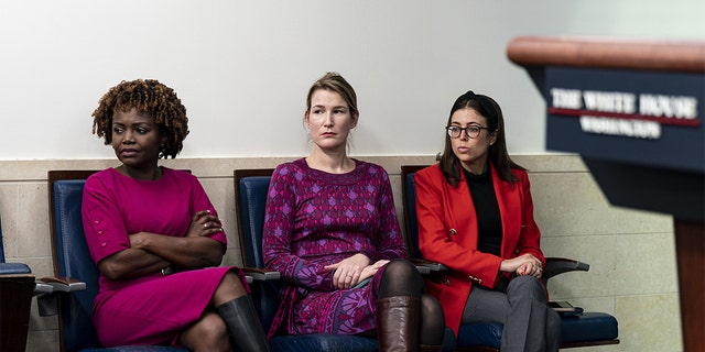 Karine Jean-Pierre, White House press secretary, from left, Olivia Dalton, White House principal deputy press secretary, and Emilie Simons, White House assistant press secretary, during a news conference in the James S. Brady Press Briefing Room at the White House in Washington, D.C., Dec. 12, 2022. 
