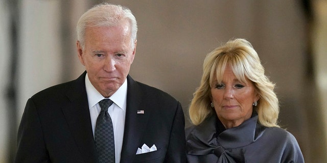 President Biden and first lady Jill Biden prepare to view the casket of Queen Elizabeth II. 