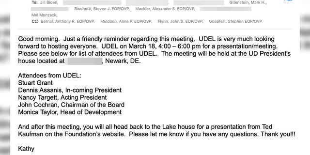 Vice President Biden's executive assistant Kathy Chung emailed Biden inner's circle and top aides in March 2016 about a meeting with top University of Delaware officials, which included a presentation at Biden's Wilmington house afterwards.