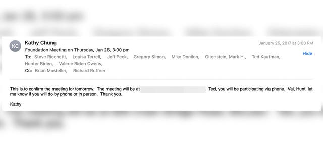Days after the Obama administration concluded, Vice President Biden's executive assistant Kathy Chung emailed Biden's inner circle about meeting at his McLean, Virginia house.