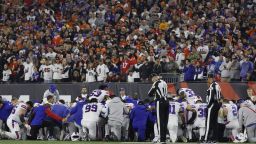 CINCINNATI, OHIO - JANUARY 02: Buffalo Bills players huddle after teammate Damar Hamlin #3 collapsed following a tackle against the Cincinnati Bengals during the first quarter at Paycor Stadium on January 02, 2023 in Cincinnati, Ohio. (Photo by Kirk Irwin/Getty Images)