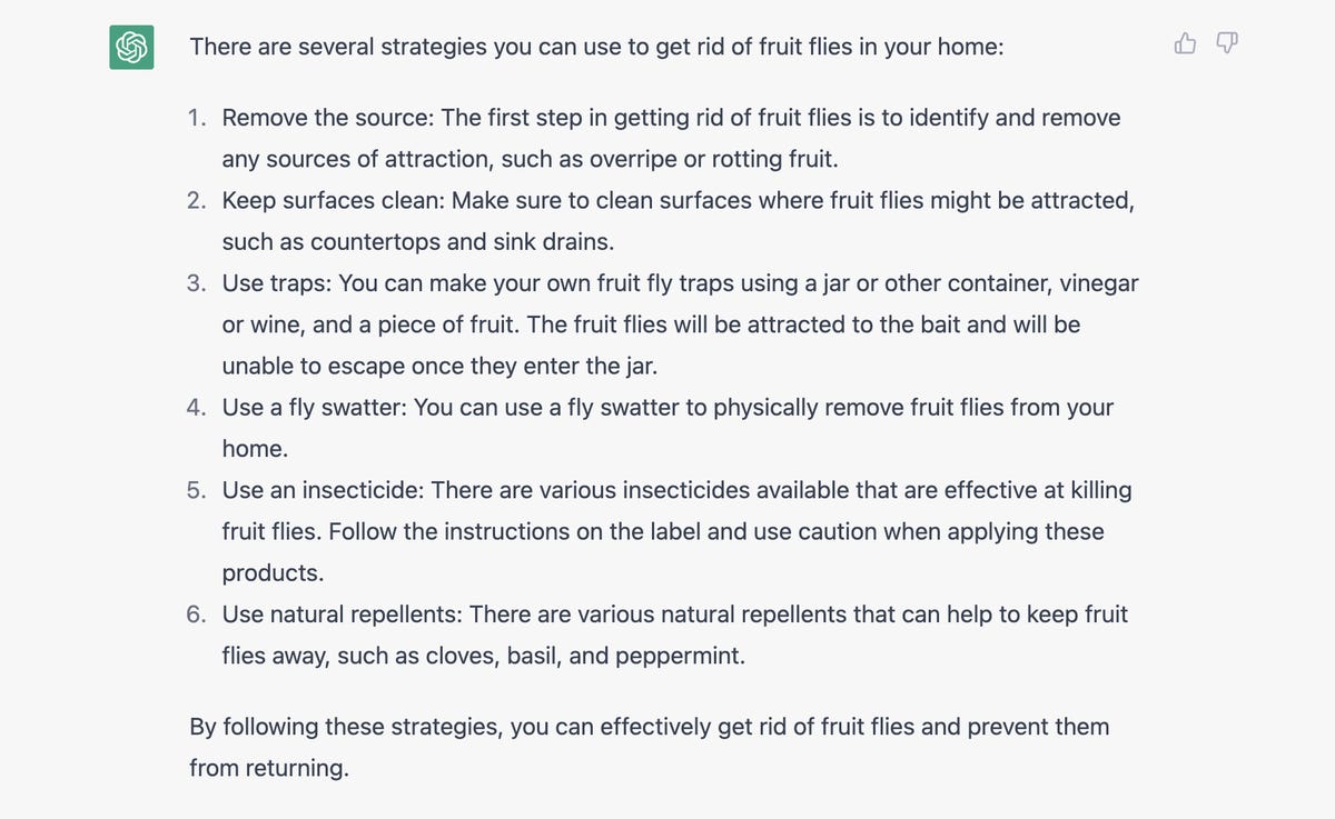 A screenshot of a response from ChatGPT to a question about how to get rid of fruit flies