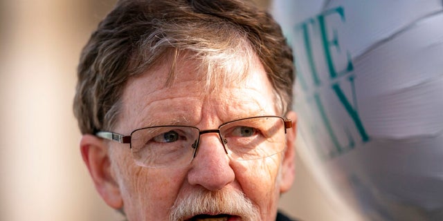 Jack Phillips, who's case was heard by the Supreme Court five years ago after he objected to designing a wedding cake for a gay couple, speaks to supporters outside the Supreme Court in Washington on Dec. 5, 2022. The Colorado baker who won a partial U.S. Supreme Court victory after refusing to make a gay couple's wedding cake because of his Christian faith has lost an appeal in his latest legal fight.