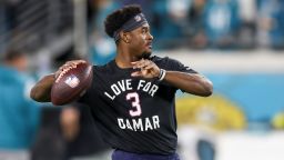 Malik Willis #7 of the Tennessee Titans warms up while wearing a shirt in support of Buffalo Bills safety Damar Hamlin prior to a game against the Jacksonville Jaguars at TIAA Bank Field on January 07, 2023 in Jacksonville, Florida. Hamlin suffered cardiac arrest during the Bills' Monday Night Football game against the Cincinnati Bengals and remains in intensive care.