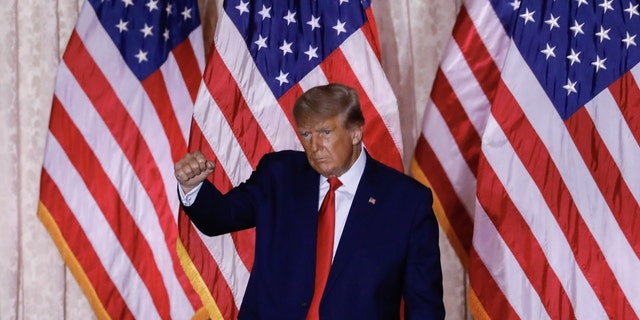 Former President Donald Trump gestures after speaking at the Mar-a-Lago Club in Palm Beach, Florida, U.S., on Tuesday, Nov. 15, 2022. 