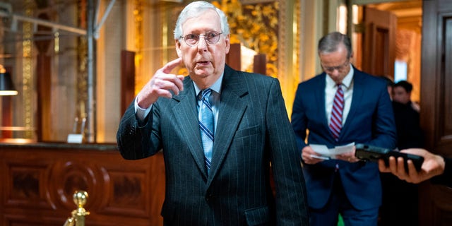 Senate Minority Leader Mitch McConnell, R-Ky., leaves the Republican Senate luncheon before telling reporters he had the votes to remain leader on Tuesday, November 15, 2022. (Tom Williams/CQ-Roll Call, Inc via Getty Images) 
