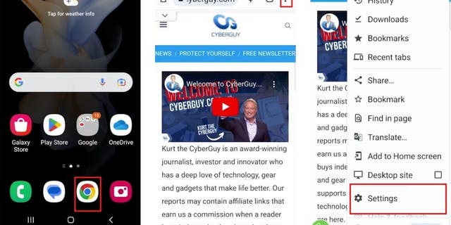 How to tell whether your password was part of a data breach on an Android: Chrome, three dots, Settings.