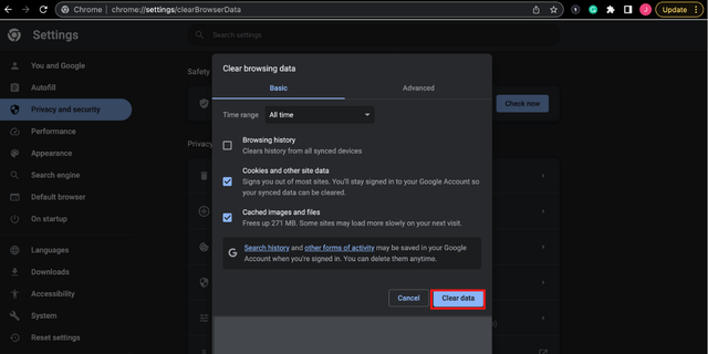 Instructions to clear cache and cookies: Clear Data.