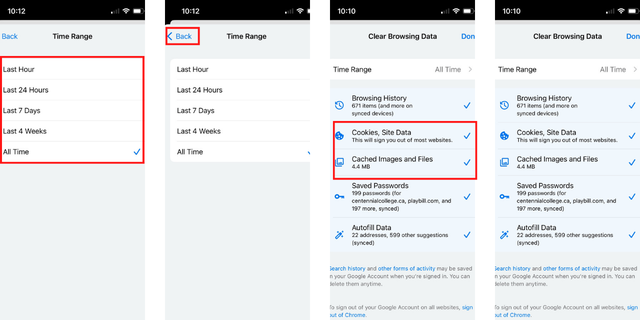 Instructions to clear cache and cookies: Time range, back, browsing, cookies, site, cached images, files, clear data. 