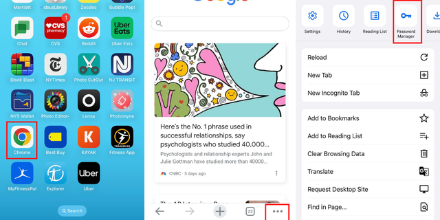 How to tell whether your password was part of a data breach on an iPhone: Chrome, three dots, Password Manager. 