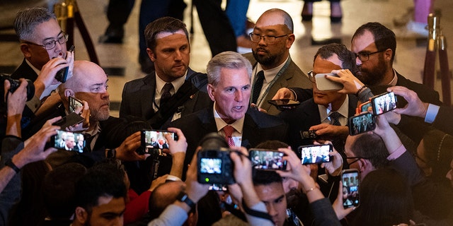 Rep.-elect Kevin McCarthy, R-Calif., talks with reporters in National Statuary Hall of the U.S. Capitol Building in Washington, D.C., on Thursday.