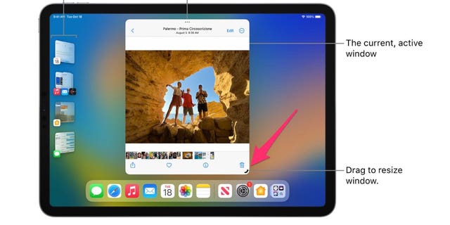 Photo instructions on how to move and adjust different windows on an iPad.