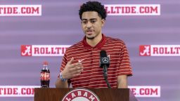 Alabama NCAA college football quarterback Bryce Young declares for the NFL draft, Monday, Jan. 2, 2023, in Tuscaloosa, Ala. (AP Photo/Vasha Hunt)