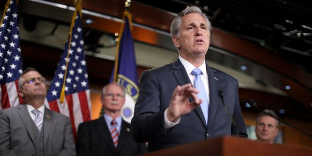 House Majority Leader Kevin McCarthy, R-Calif., speaks during a news conference after the House passed the STOP School Violence Act 407-10 at the U.S. Capitol Visitors Center March 14, 2018, in Washington, D.C.
