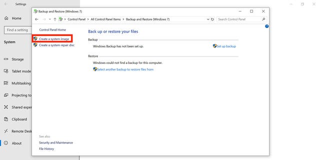 Screenshot instructing you to select create a system image.
