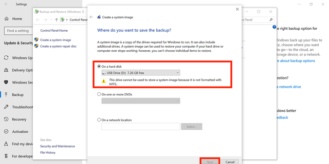 Screenshot showing how to select which hard drive to use.