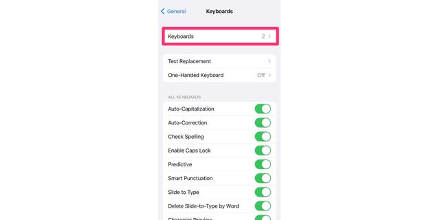 Here's the "Keyboards" toggle in your iPhone settings.