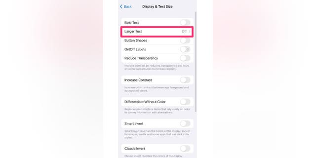 Instructions on how to turn Larger Text off and on.