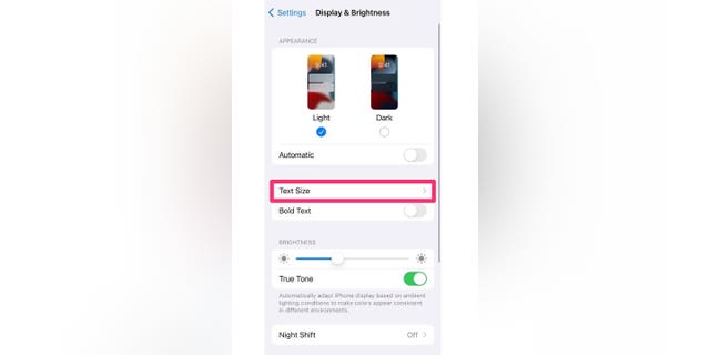 Screenshot showing how to select Text Size from the Display and Brightness screen.