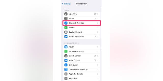 Screenshot showing how to select Display &amp; Text Size.