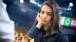 Iranian chess player Sara Khadem competes, without wearing a hijab, in FIDE World Rapid and Blitz Chess Championships in Almaty, Kazakhstan December 26, 2022, in this picture obtained by Reuters on December 27, 2022. Lennart Ootes/FIDE/via REUTERS  THIS IMAGE HAS BEEN SUPPLIED BY A THIRD PARTY. MANDATORY CREDIT. NO RESALES. NO ARCHIVES.