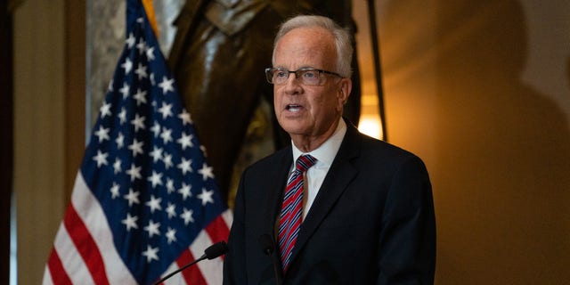Sen. Jerry Moran, a Republican from Kansas, speaks during a ceremony unveiling a statue of Amelia Earhart in Statuary Hall at the U.S. Capitol in Washington, D.C., July 27, 2022.