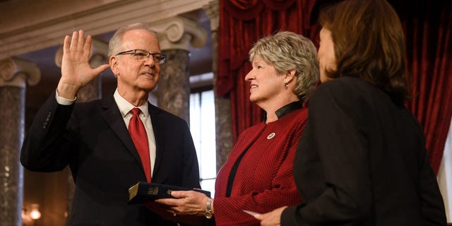 Vice President Kamala Harris ceremonially swears in Sen. Jerry Moran, Republican of Kansas, for the 118th Congress in the Old Senate Chamber at the U.S. Capitol in Washington, D.C., Jan. 3, 2023.