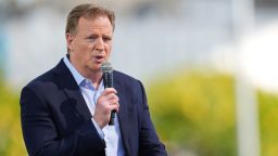 INGLEWOOD, CALIFORNIA - FEBRUARY 09: NFL Commissioner Roger Goodell speaks at a press conference prior to Super Bowl LVI at the NFL Media Building on the SoFi Stadium campus in Inglewood, California. (Photo by Cooper Neill/Getty Images)