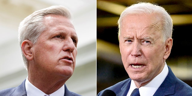 House Speaker Kevin McCarthy, left, is challenging President Biden's extension of the COVID emergency in a series of votes next week.