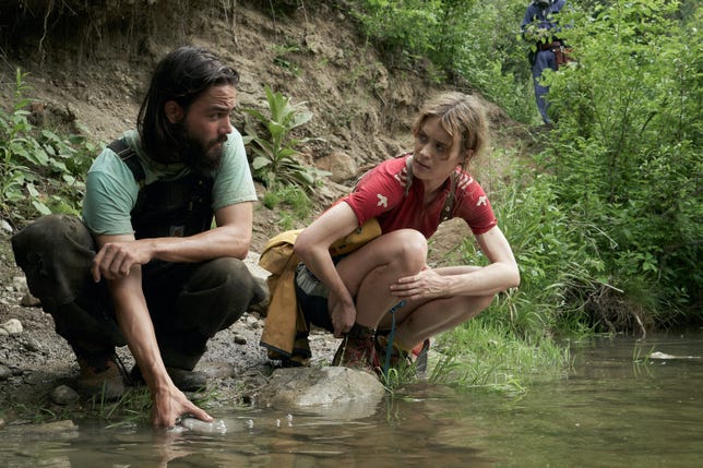 Daniel Zovatto as the Prophet and Mackenzie Davis as Kirsten in Station Eleven