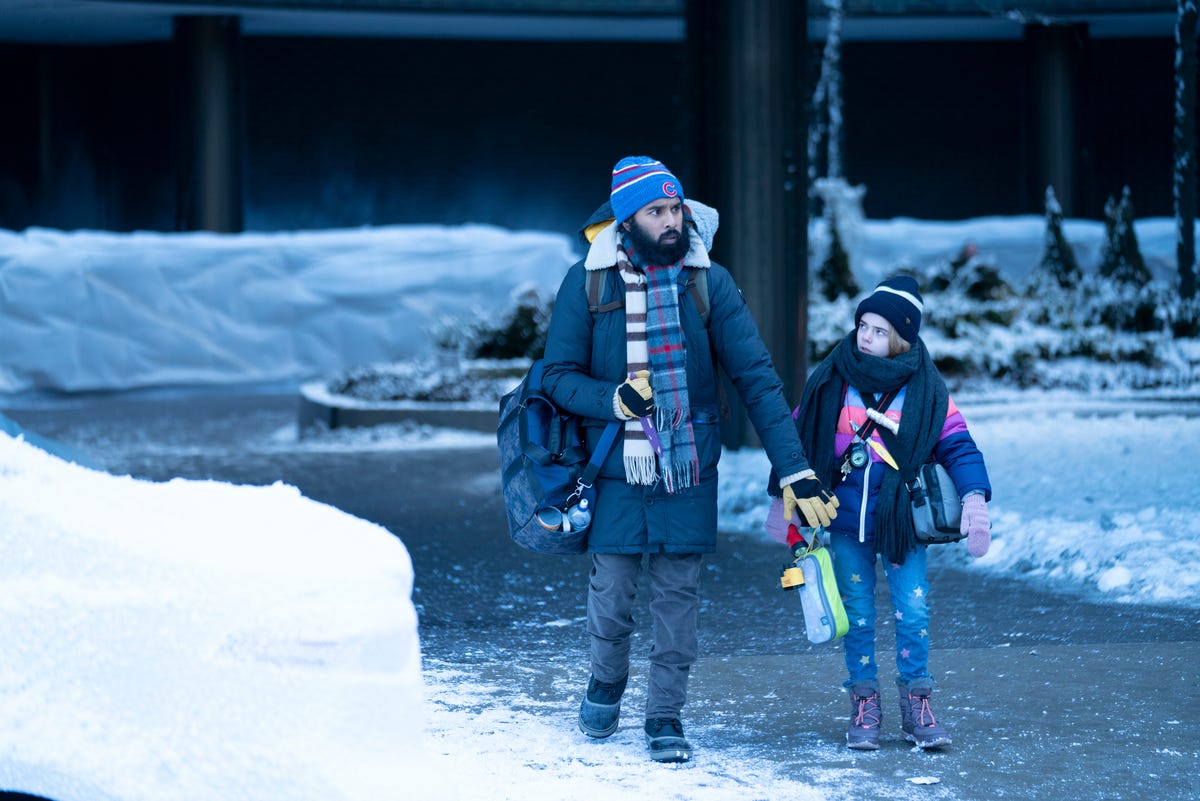 Himesh Patel as Jeevan and Matilda Lawler as young Kirsten in Station Eleven