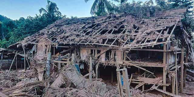 Homes are destroyed by military air strikes in eastern Myanmar's Karen State, on Jan. 13, 2023. Air strikes this week by Myanmar's military on villages inhabited largely by the Karen ethnic minority destroyed two churches and killed a number of civilians.