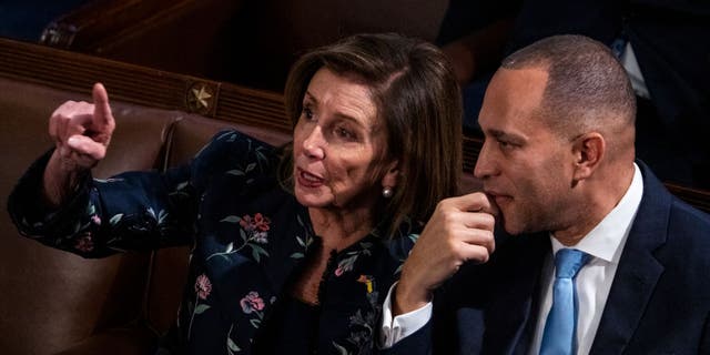 UNITED STATES - JANUARY 6: Democratic Leader Hakeem Jeffries, D-N.Y., and Rep. Nancy Pelosi, D-Calif., talk on the House floor. (Tom Williams/CQ-Roll Call, Inc via Getty Images)