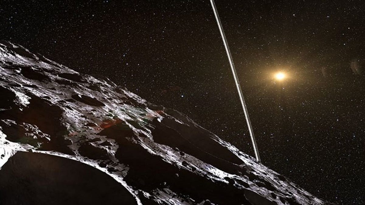 how the rings might look from close to the surface of Chariklo.