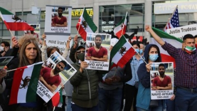 Iranians in Canada on Mel Lastman Square demonstrate against the execution of wrestler Navid Afkari by the Iranian regime, in Toronto, Ontario in September 2020. The death sentence caused international uproar, yet the regime persisted.  