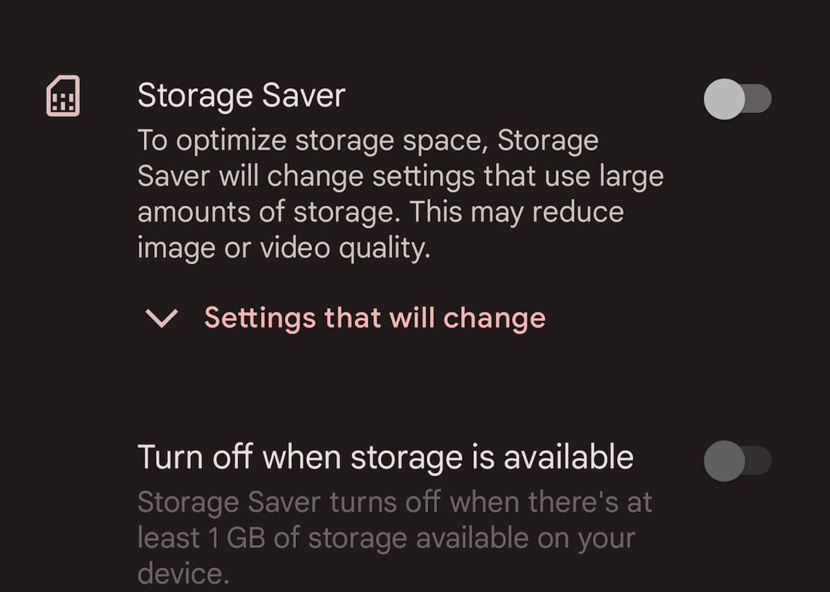 A screenshot showing Google's Storage Saver setting for Pixel devices