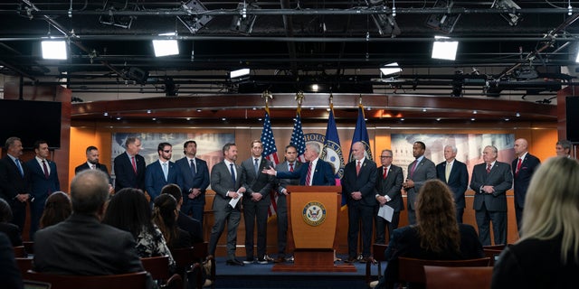 Republican members speak during a news conference of Republicans, mainly veterans and medical professionals, who support Rep. Kevin McCarthy, R-Calif. for Speaker of the House, Wednesday, Jan. 4, 2023, on Capitol Hill in Washington.