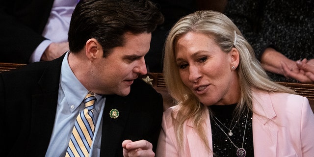 FILE: Rep. Marjorie Taylor Greene, R-Ga., and Rep. Matt Gaetz, R-Fla., are seen on the House floor during a vote in which House Republican Leader Kevin McCarthy, R-Calif., did not receive enough votes to become Speaker of the House on Thursday, January 5, 2023.