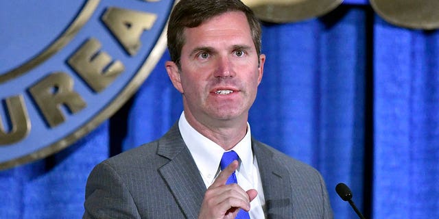 Kentucky Gov. Andy Beshear addresses the audience at the Kentucky Farm Bureau Ham Breakfast at the Kentucky State Fair in Louisville, Kentucky on Thursday, Aug. 25, 2022.