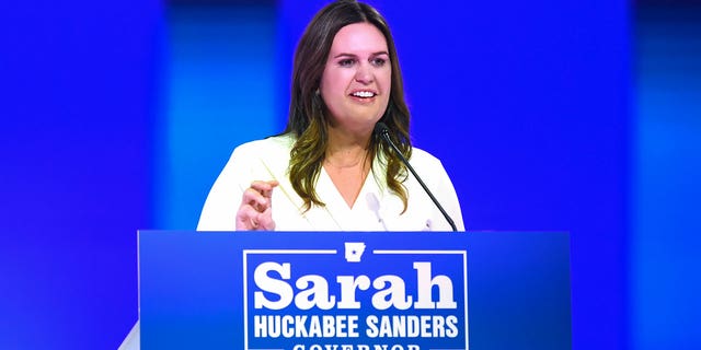 Arkansas Gov.-elect Sarah Huckabee Sanders delivers a speech to her supporters on election night in Little Rock, Arkansas, on Nov. 8, 2022.