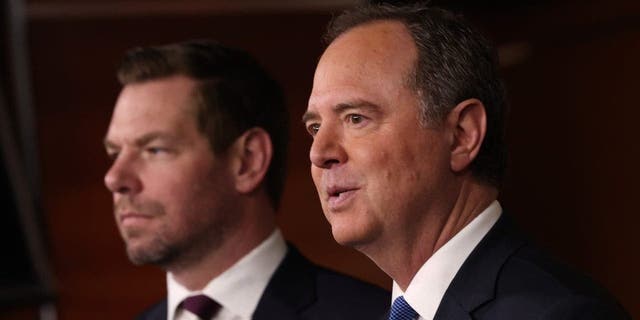 U.S. Rep. Adam Schiff (D-CA) (R), joined by Rep. Eric Swalwell (D-CA), speaks at a press conference on committee assignments for the 118th U.S. Congress, at the U.S. Capitol Building on January 25, 2023, in Washington, D.C.