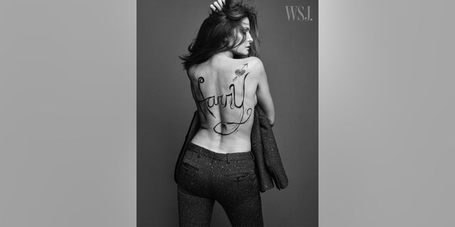 Stephanie Seymour modeling her late son Harry Brant's suit. His name was scripted in paint for the photoshoot.